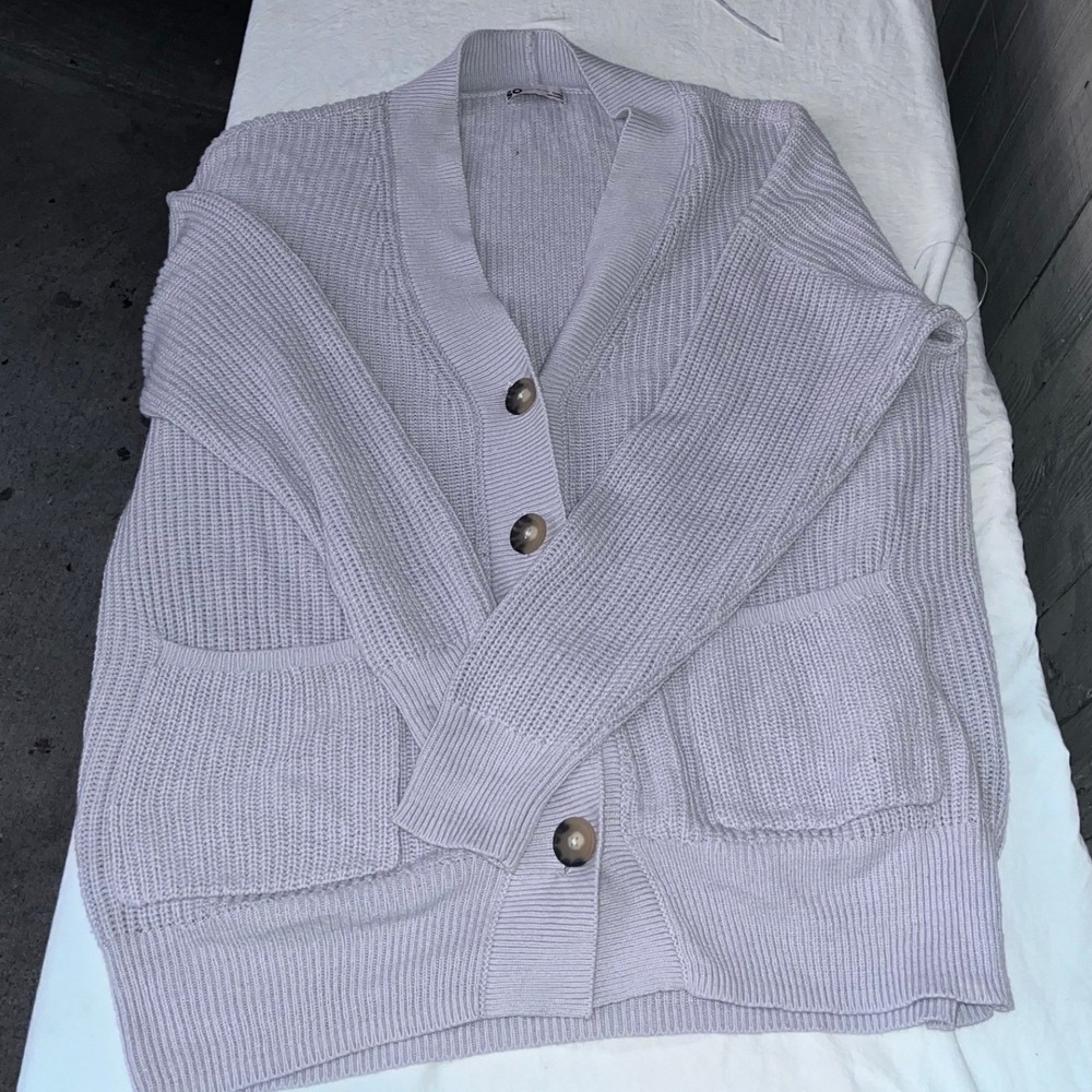 SO Goods For Life Womens Cardigan Sweater Size L Lilac Knit Open Front‎ Pockets